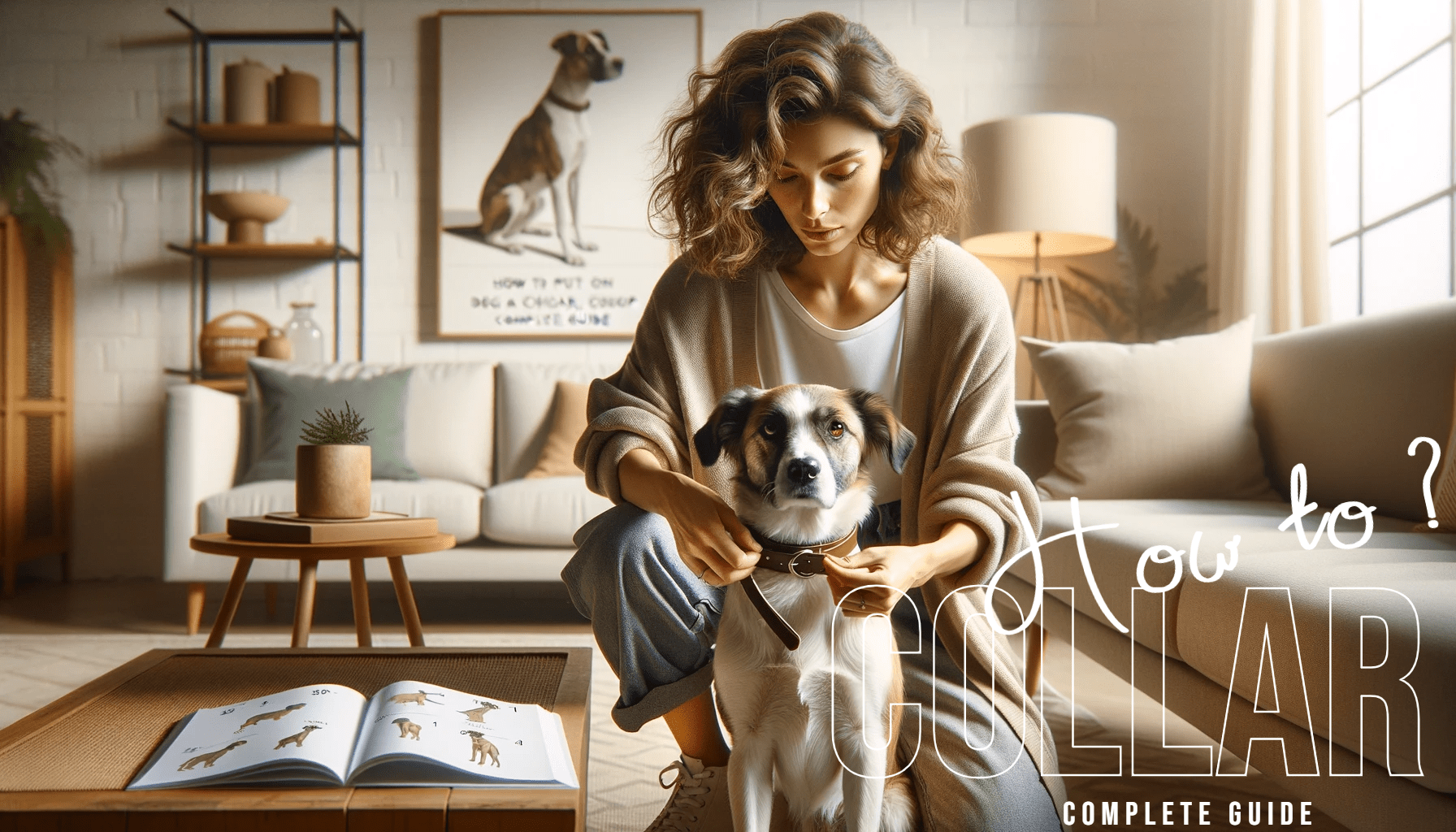 A woman placing a collar on a dog in a cozy living room, with a book open on a table and the text "How to? COLLAR COMPLETE GUIDE".