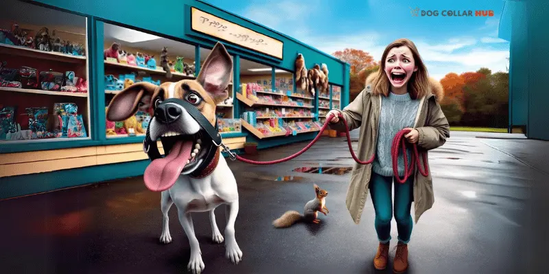 A humorous scene of a woman with a surprised expression holding a leash attached to a dog with an oversized muzzle in front of a pet store.