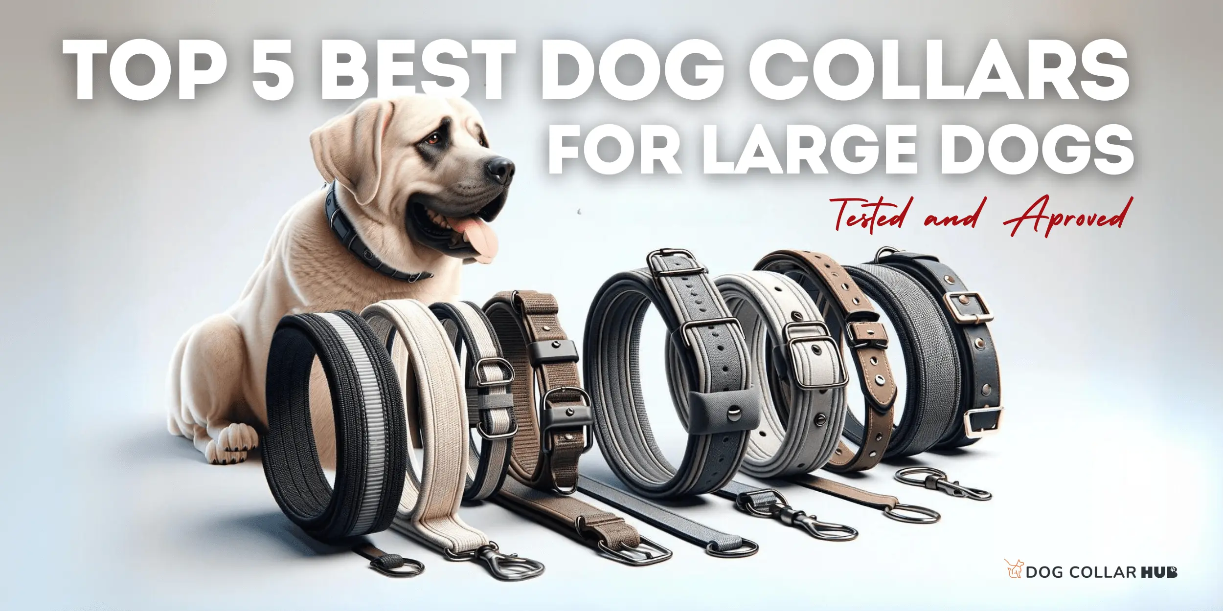 A variety of dog collars displayed in front of a large dog, with text reading "TOP 5 BEST DOG COLLARS FOR LARGE DOGS Tested and Approved.